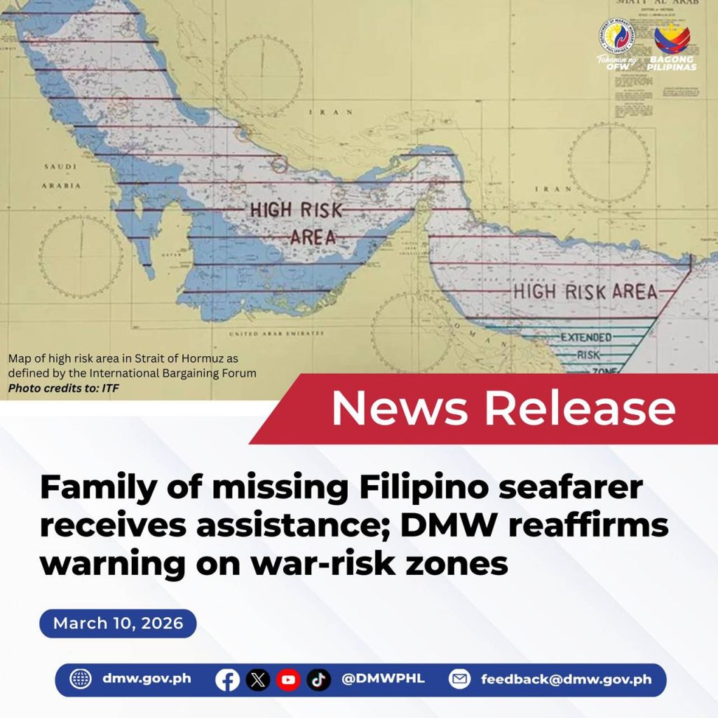 DMW Pledges Support for Missing Filipino Seafarer’s Family, Renews War-Risk Zone Warning