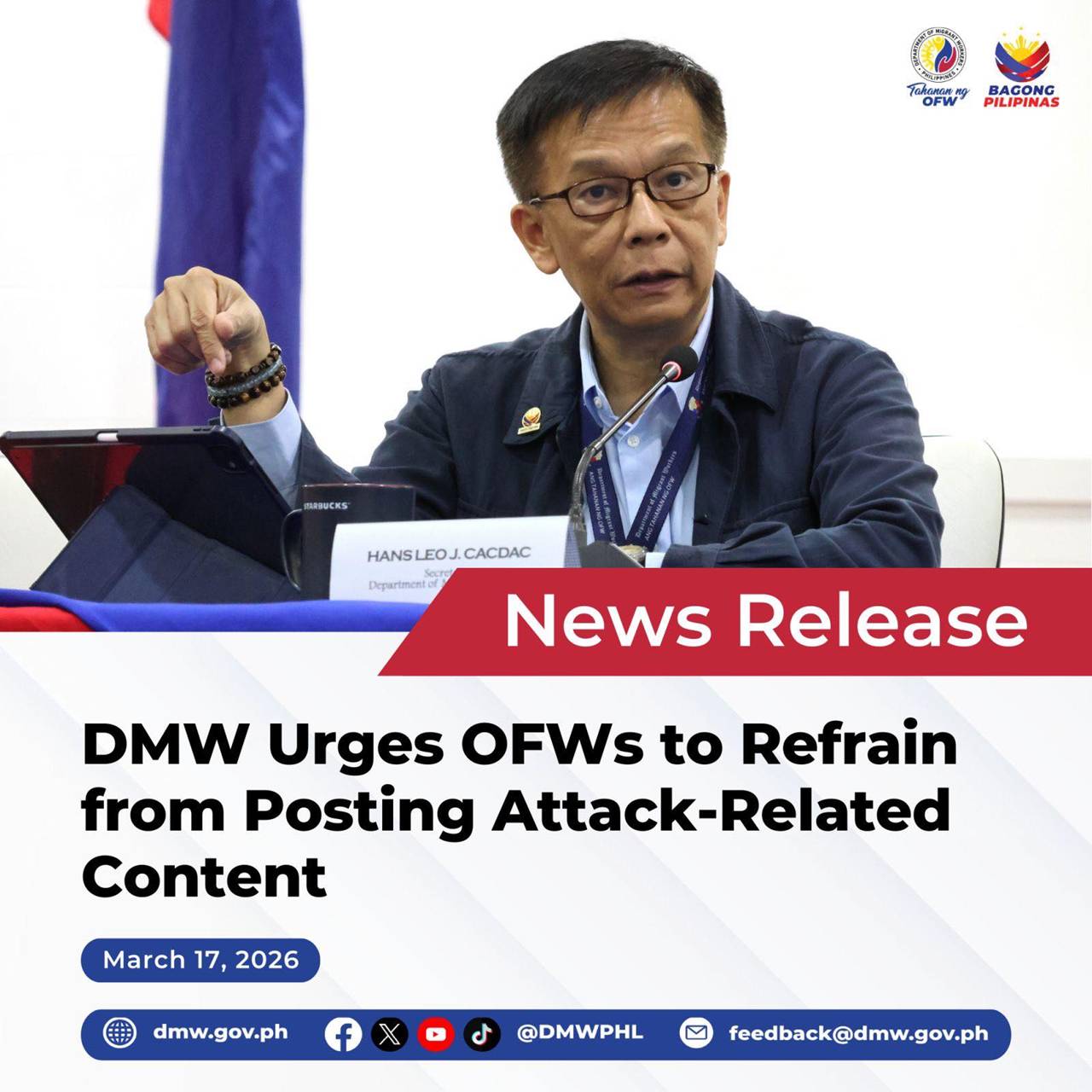 DMW Urges OFWs to Refrain from Posting Attack-Related Content Online DMW Urges OFWs to Refrain from Posting Attack-Related Content Online